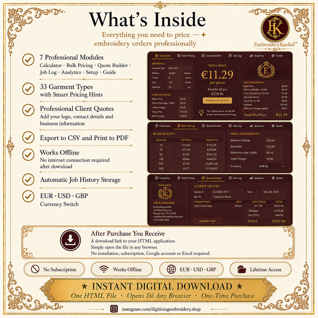 Embroidery Pricing Calculator — Interactive HTML Tool, Quote Builder, Job Log, Bulk Pricing, No Google Sheets - Digital Download