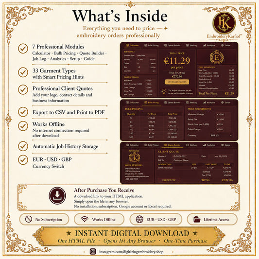 Embroidery Pricing Calculator — Interactive HTML Tool, Quote Builder, Job Log, Bulk Pricing, No Google Sheets - Digital Download