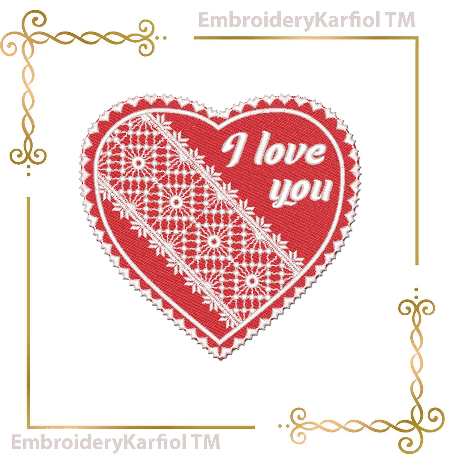 Valentines day Heart Embroidery Design, I Love You, Romantic Valentine Filet Lace Heart (3 Sizes)
