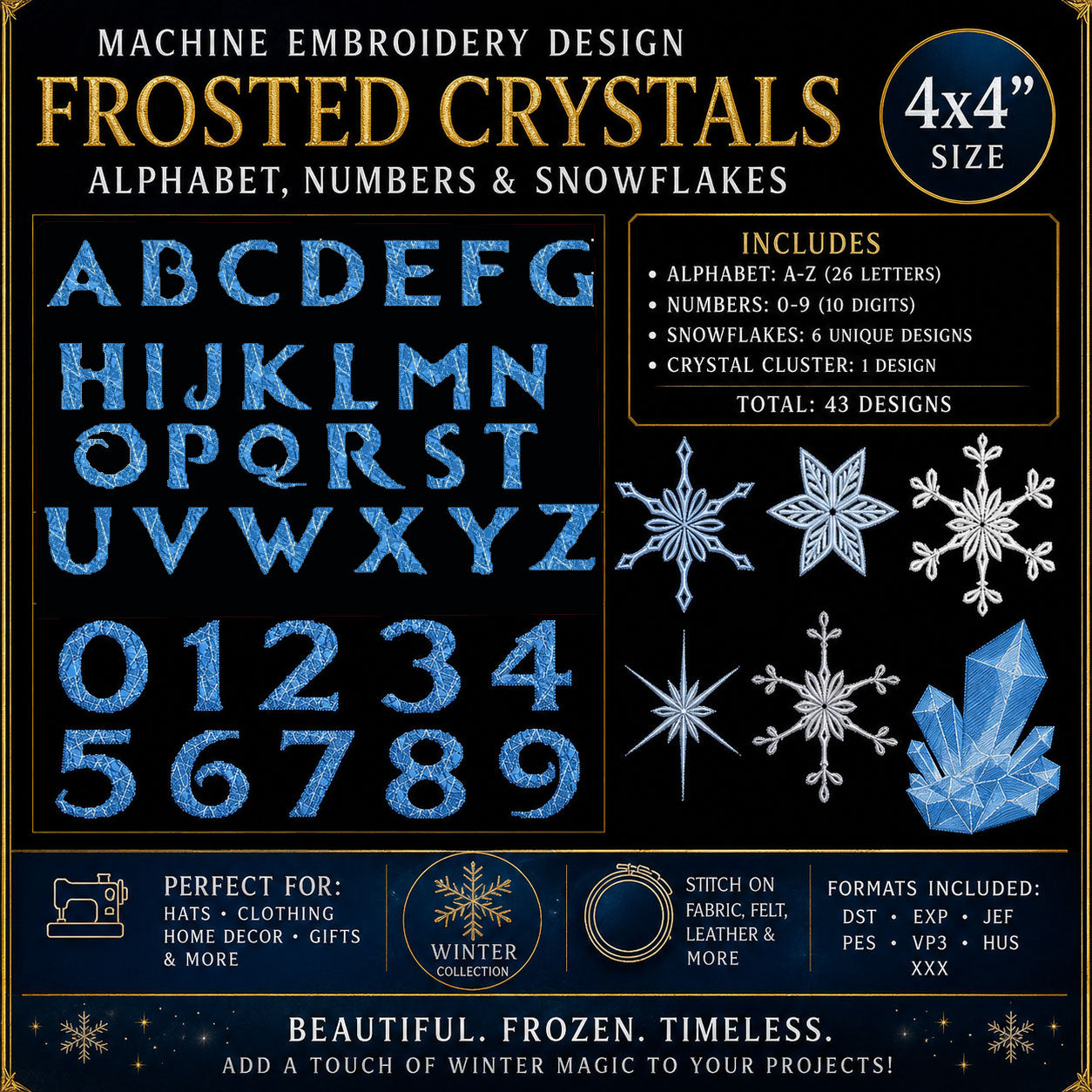 Winter Ice Embroidery Alphabet | Ice Crystal Machine Embroidery Font | 26 Letters, 10 Numbers, 8 Snowflakes and Crystal | 4x4 Hoop