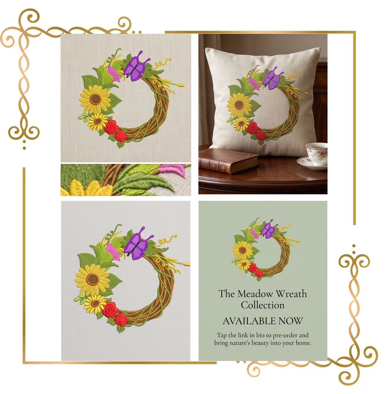 Halloween - Autumn Wreath Machine Embroidery Design, Sunflowers, Grapes and Butterfly (Digital Download)
