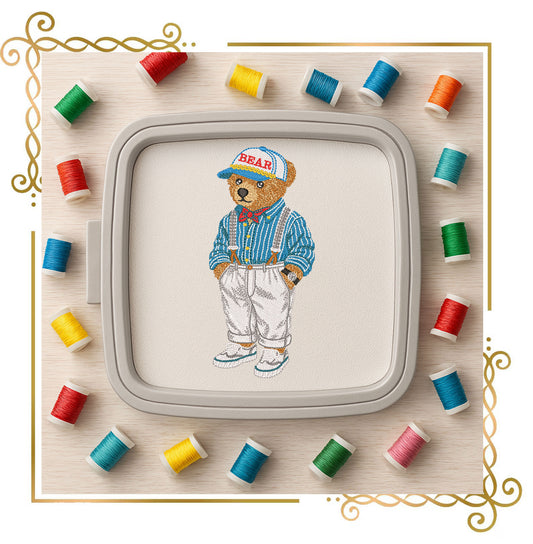 Teddy Bear Vintage Nautical Bear Embroidery Design Polo Style – Retro Teddy in Suspenders & Cap 3 Sizes