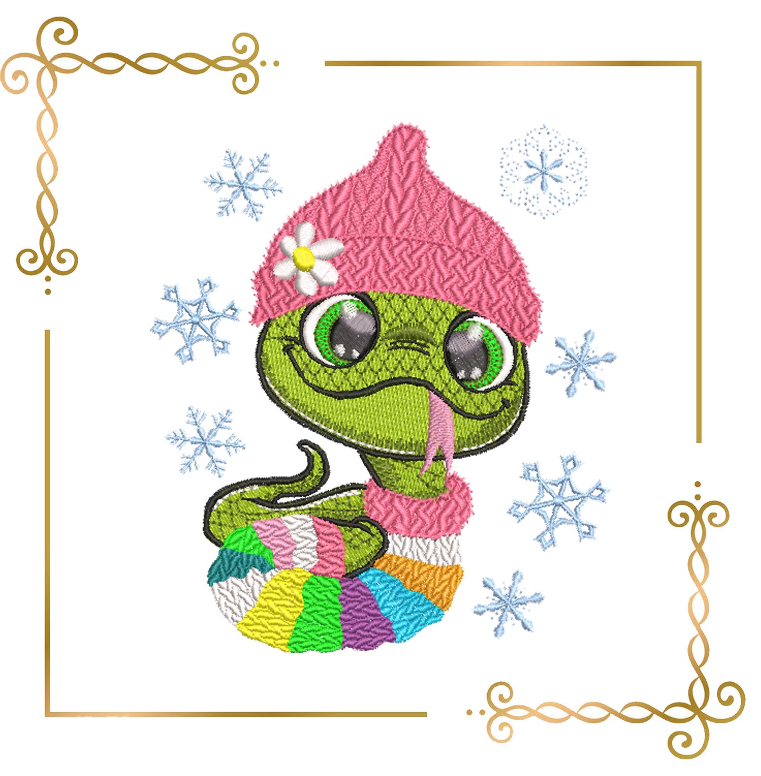 Animals Cute Snake in Christmas Ornament, Winter Snake in Rainbow Scarf, snowflakes, Embroidery Design, 1 Size