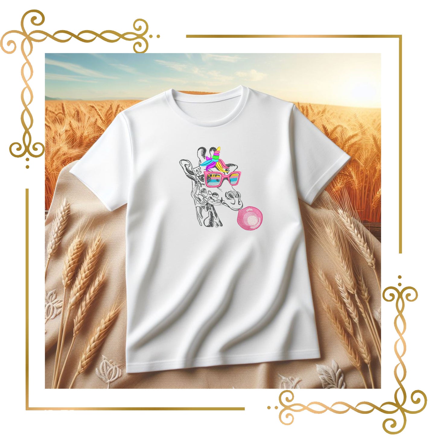 Rainbow Giraffe Unicorn with Rainbow Sunglasses and Bubble Gum - Fun Embroidery Design 3 Sizes