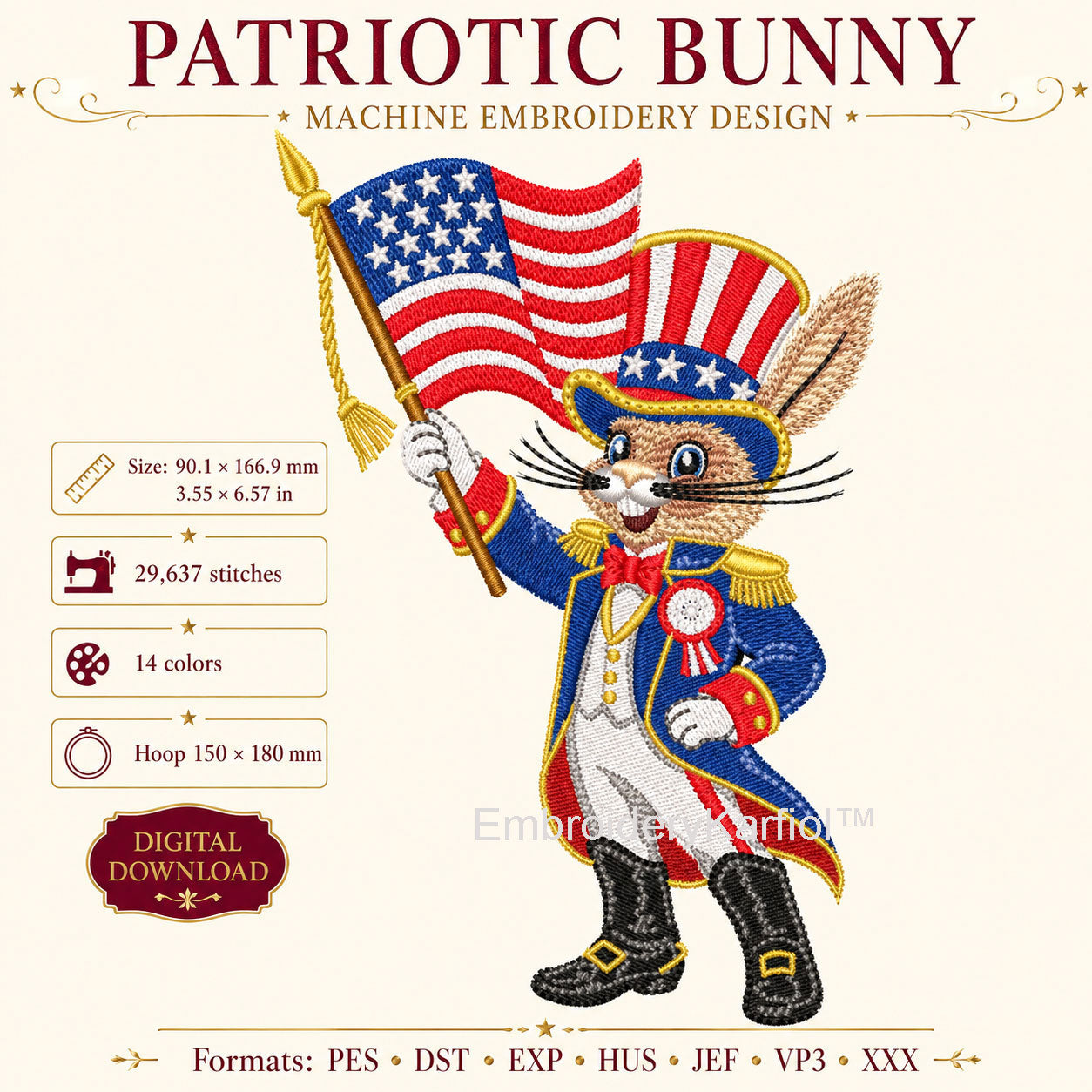 Anthropomorphic  animals Patriotic Uncle Sam Bunny Embroidery Design, 4th of July,  (Digital Download)