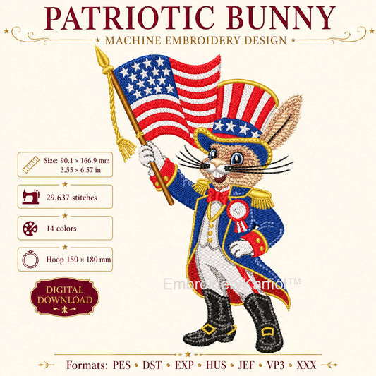 Anthropomorphic animals Patriotic Uncle Sam Bunny Embroidery Design, 4th of July, (Digital Download)