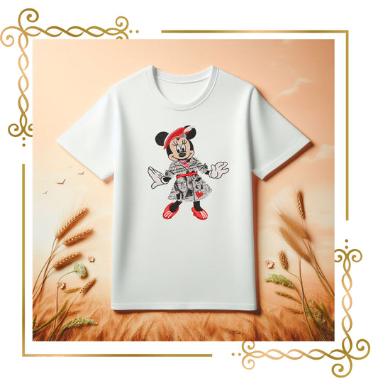 Minnie Mouse in beret and dress newspaper, poet digital embroidery design