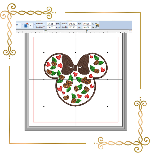 Minnie Mouse head coffee beans heart digital machine embroidery design