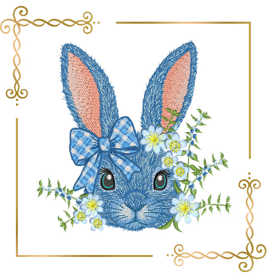 Blue Easter Bunny with Flowers and Bow – Spring Embroidery Design for big Hoops, digital Machine Embroidery designs
