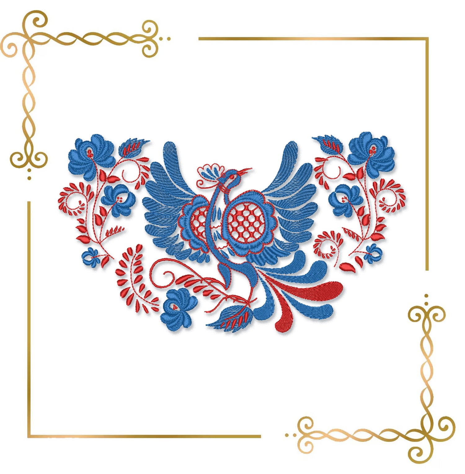 Flowers Blue Firebird, Folk Bird, Blue Folk Firebird Embroidery design Floral 2 Sizes - Instant Download