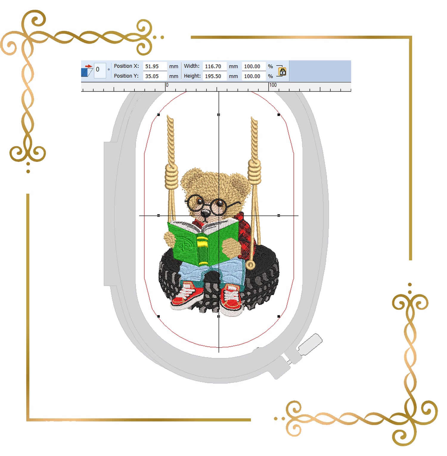 Teddy Bear Super Fashion reading on the swing, cartoon character, embroidery design digital