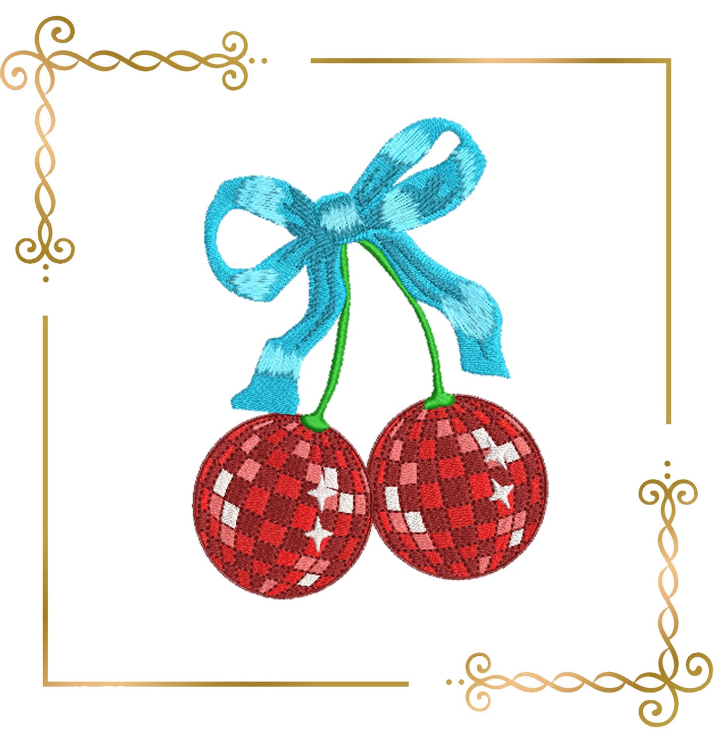 Miscellaneous Cherries with a bow,  in the style of disco mirror ball embroidery design