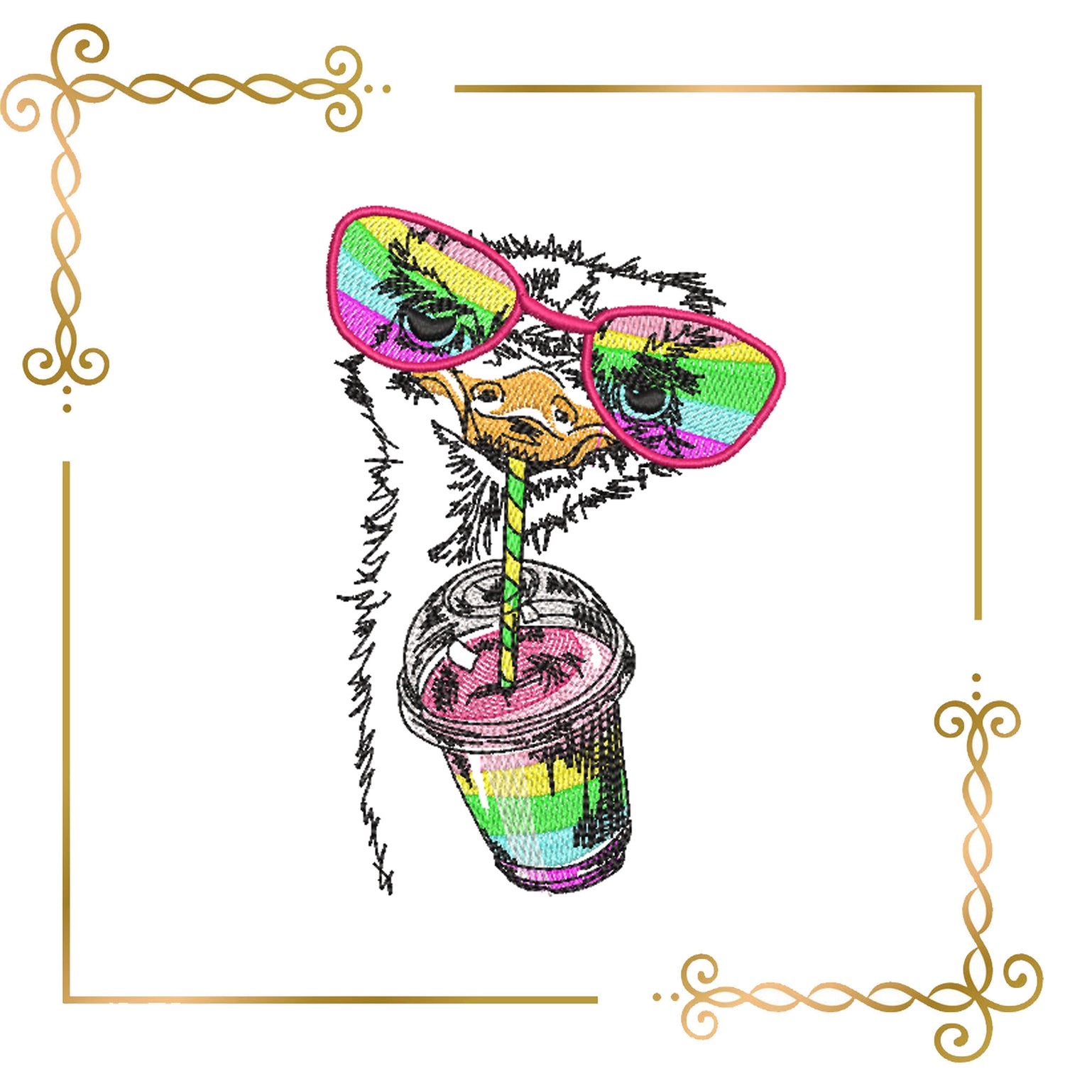 Animals Rainbow Ostrich with Smoothie Embroidery Design 3 Sizes