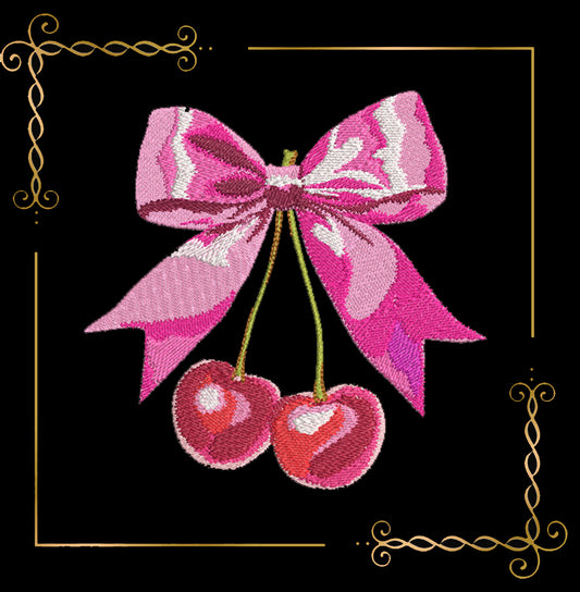 Miscellaneous Charming featuring bow with two glossy cherries 2 Sizes machine embroidery design to the direct download