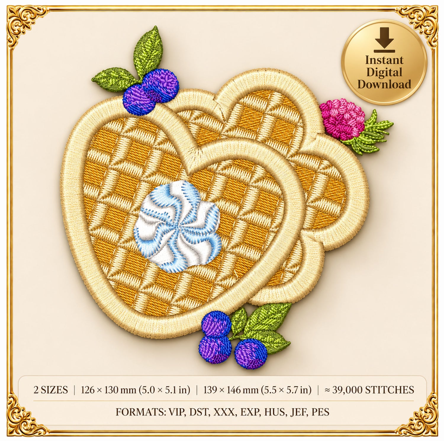 Heart Waffles Embroidery Design, Berries Whipped Cream Dessert, Sweet Breakfast (Instant Download)
Heart shaped waffles embroidery design with fresh berries, a swirl of whipped cream and a dusting of sugar, digitized in a detailed realistic food style for machine embroidery.