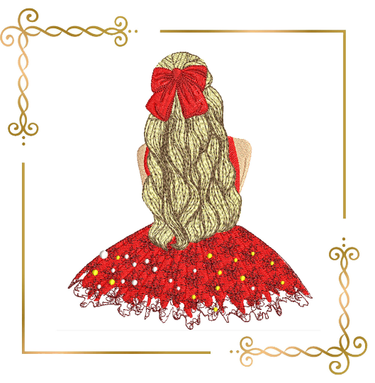 Princess Cute girl wearing beautiful dress wavy hair machine embroidery design