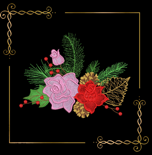 Winter Christmas bouquet with roses and cones and pine and spruce branches, 2 Sizes, embroidery design