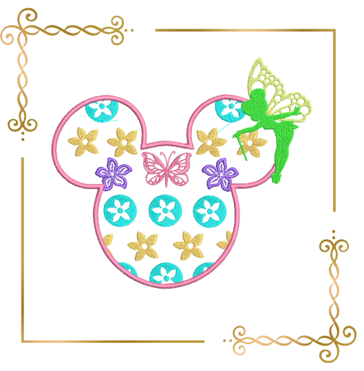 Princess Tinkerbell minnie mouse head butterfly flowers 2 sizes, 4 options, Gucci machine embroidery design