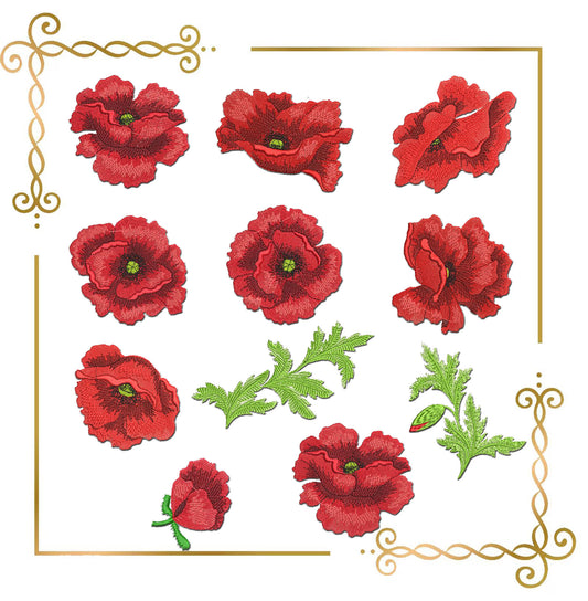Flowers Machine Embroidery Design Set | Red 8 Poppies 2 Leaves Bud | Floral Embroidery Pattern for Dress Apron Pillow Bag Decor