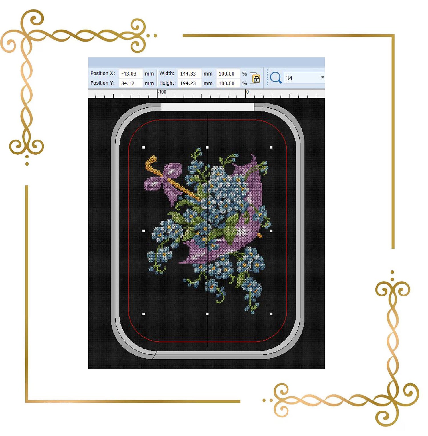 Flowers Umbrella with Forget-Me-Nots Machine Embroidery Design, Cross Stitch Style Floral Embroidery, Blue Flower Design (Instant Download)