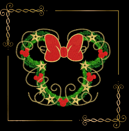 Christmas Wreath Minnie Mouse Mickey Mouse bow stars mistletoe machine embroidery design digital