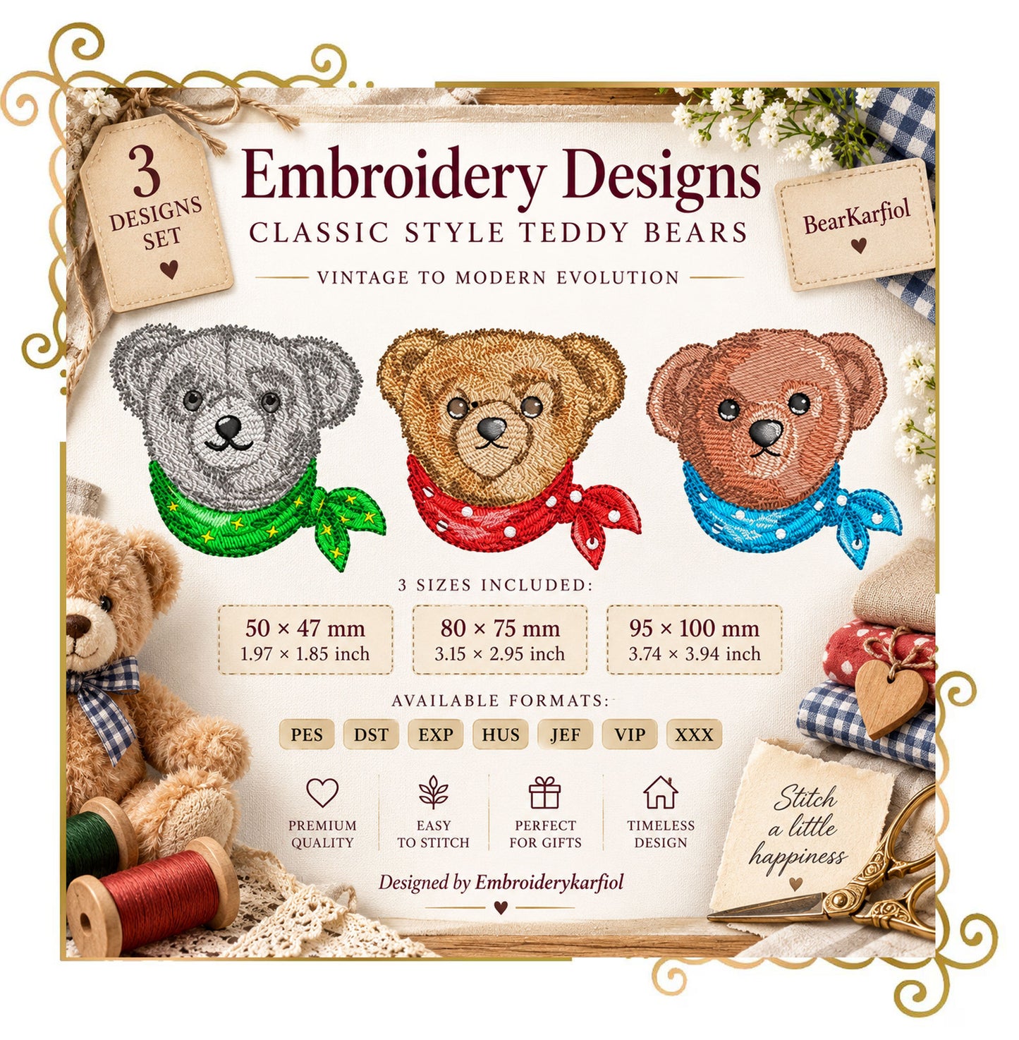 Teddy Bear Classic Style luxury heritage style 3 Elegant Embroidery Designs anthropomorphic bear with Bandanas Vintage to Modern Evolution 3 Bears 3 Sizes