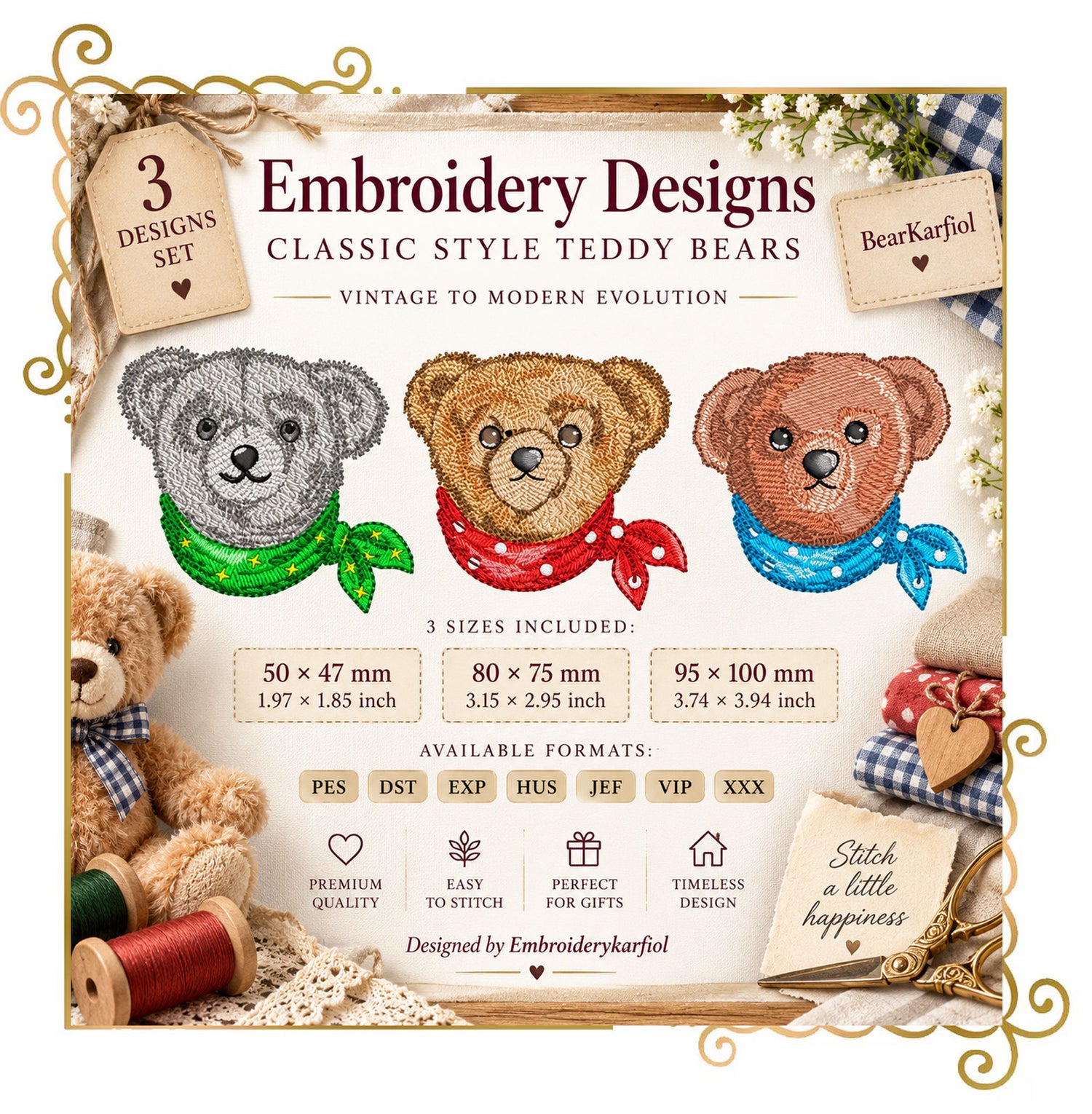 Teddy Bear Classic Style luxury heritage style 3 Elegant Embroidery Designs anthropomorphic bear with Bandanas Vintage to Modern Evolution 3 Bears 3 Sizes