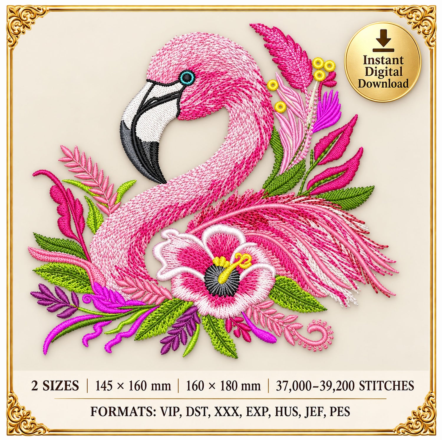 Pink tropical flamingo machine embroidery design decorated with lush summer flowers, digitized in a trendy modern style with smooth satin and fill stitches.