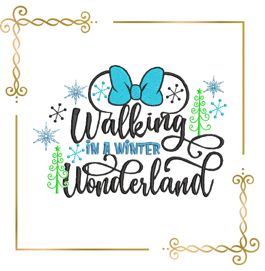 Minnie Mouse, Christmas, inscription Walking in a winter wonderland, Christmas Greetings, embroidery design to the direct download