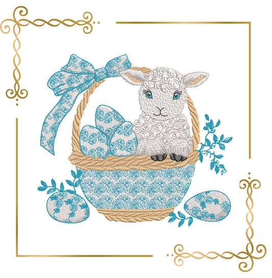 Charming Easter lamb sitting in a woven basket embroidery design to the direct download 2 Sizes