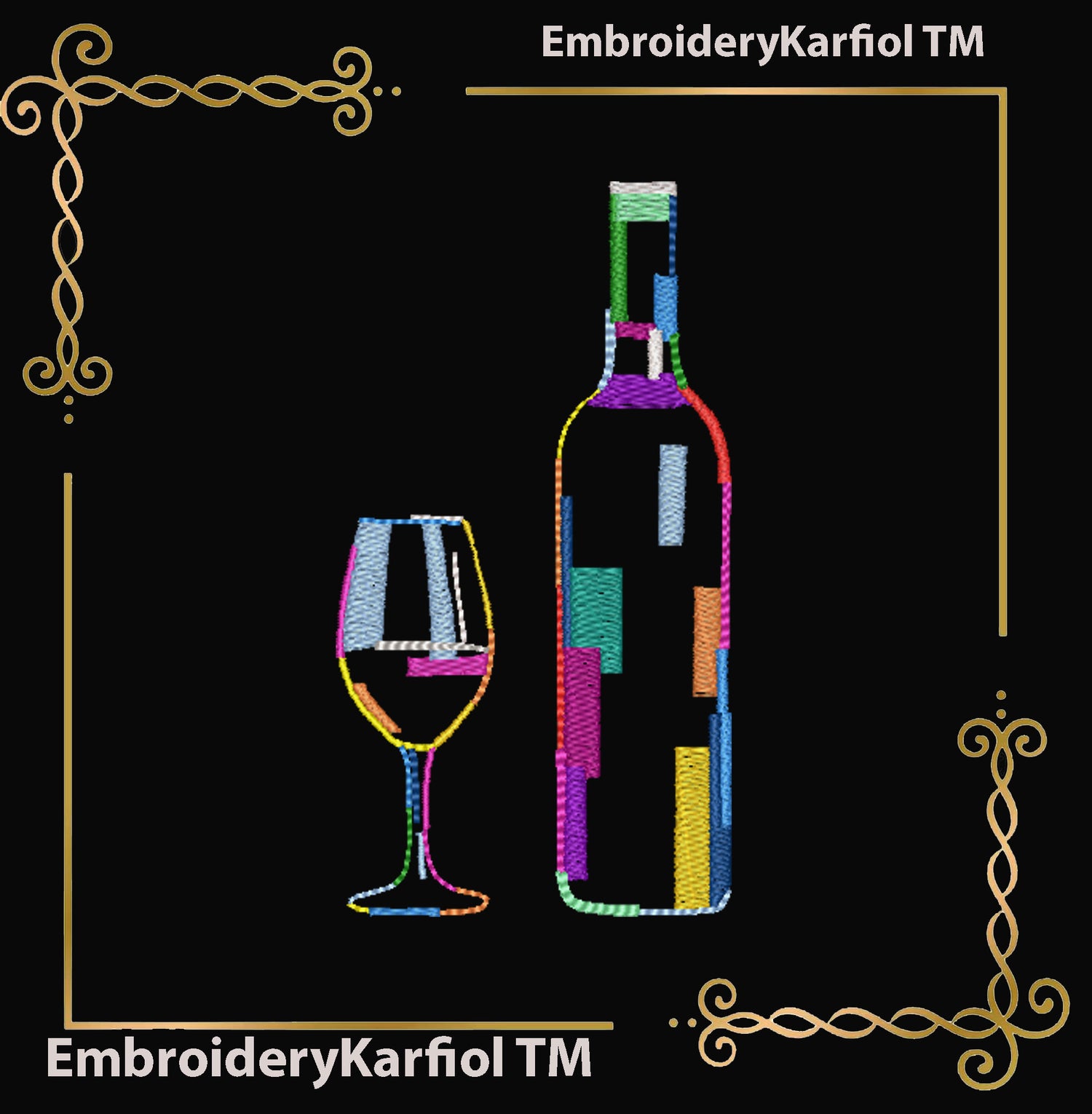 T-shirt Abstract Wine Bottle and Glass Embroidery Design | Artistic Line Art Style