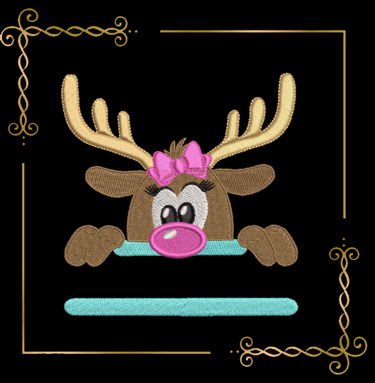 Christmas little girl reindeer with a bow Deer digital machine embroidery design