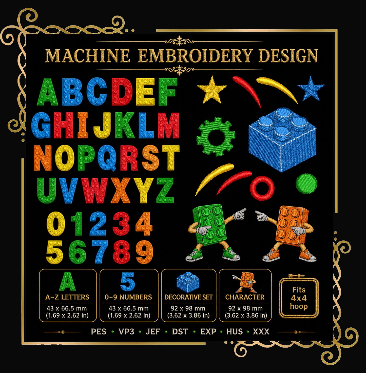 Building Block Alphabet,  Set, A-Z Letters, Numbers, Characters and SET - Machine Embroidery design  (Digital Download)