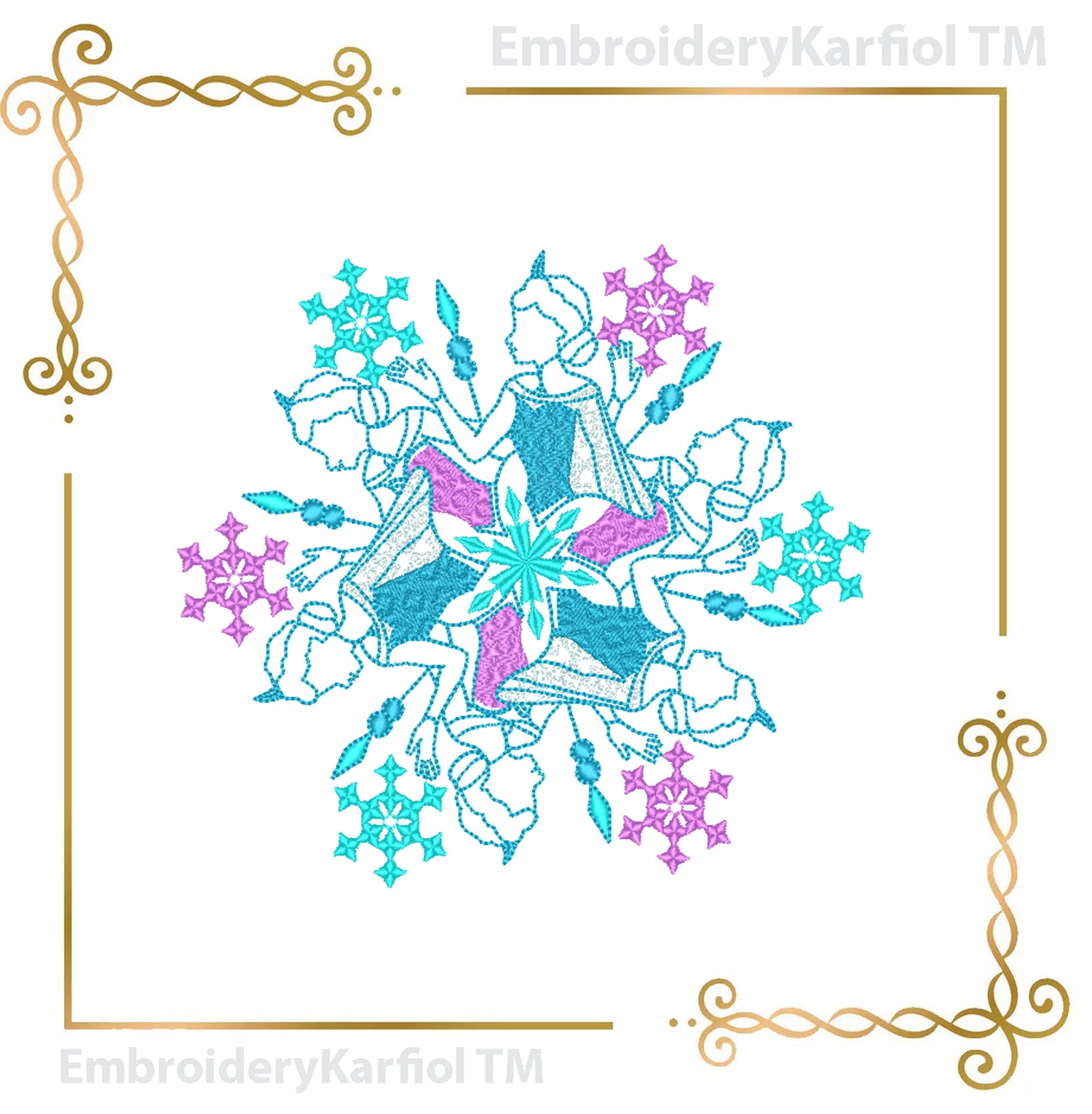 Frozen Princess Snowflake Set – 3 Embroidery Designs (Elsa, Anna, Olaf)