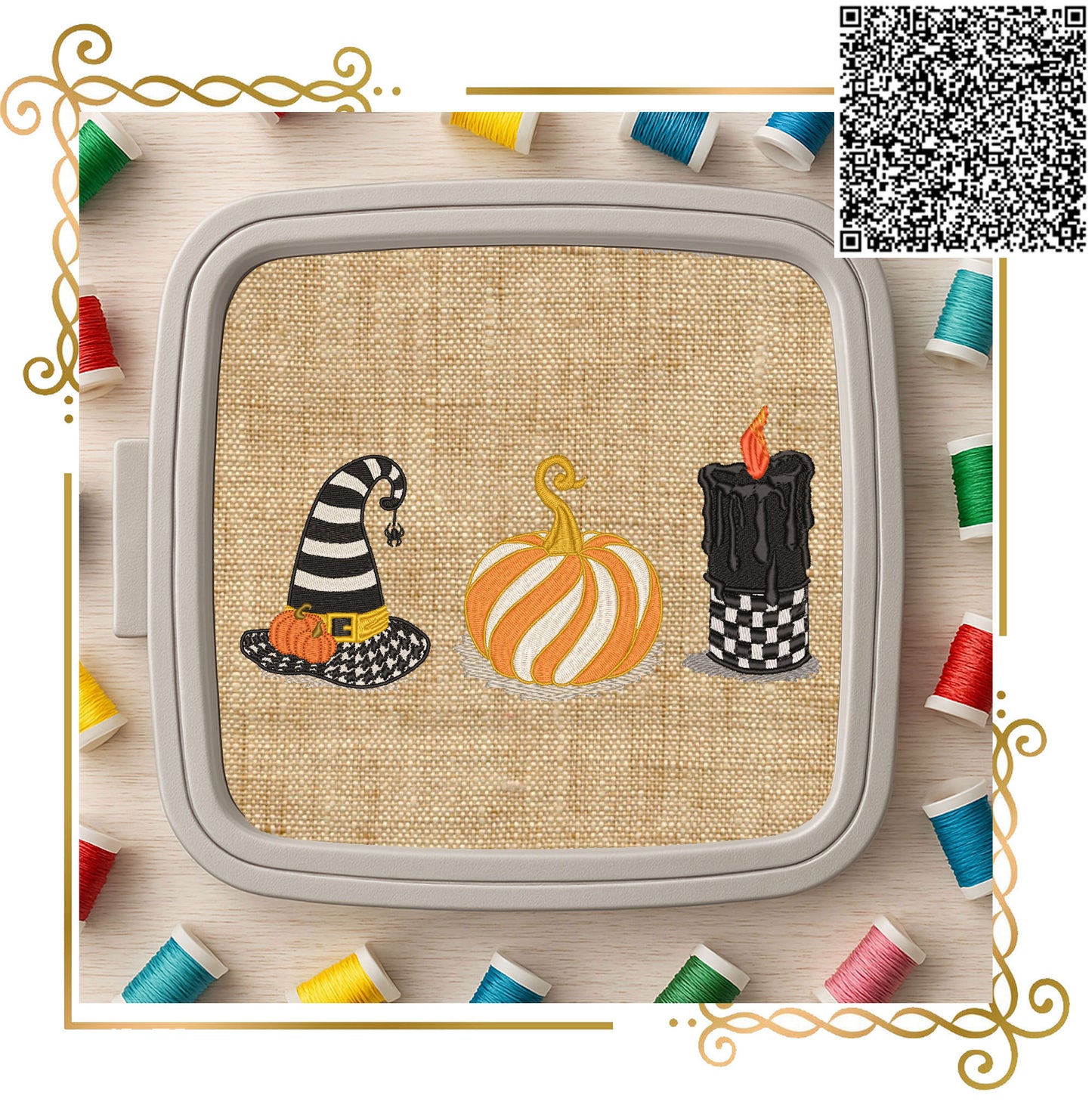 Halloween embroidery designs triptych set – witch hat, pumpkin and gothic candle – spooky machine embroidery patterns