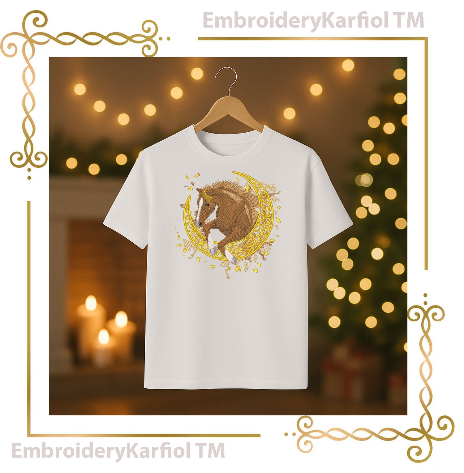 Horse on Moon - Embroidery Design - Chistmas Red Holiday Version and Natural Brown (Digital Download)