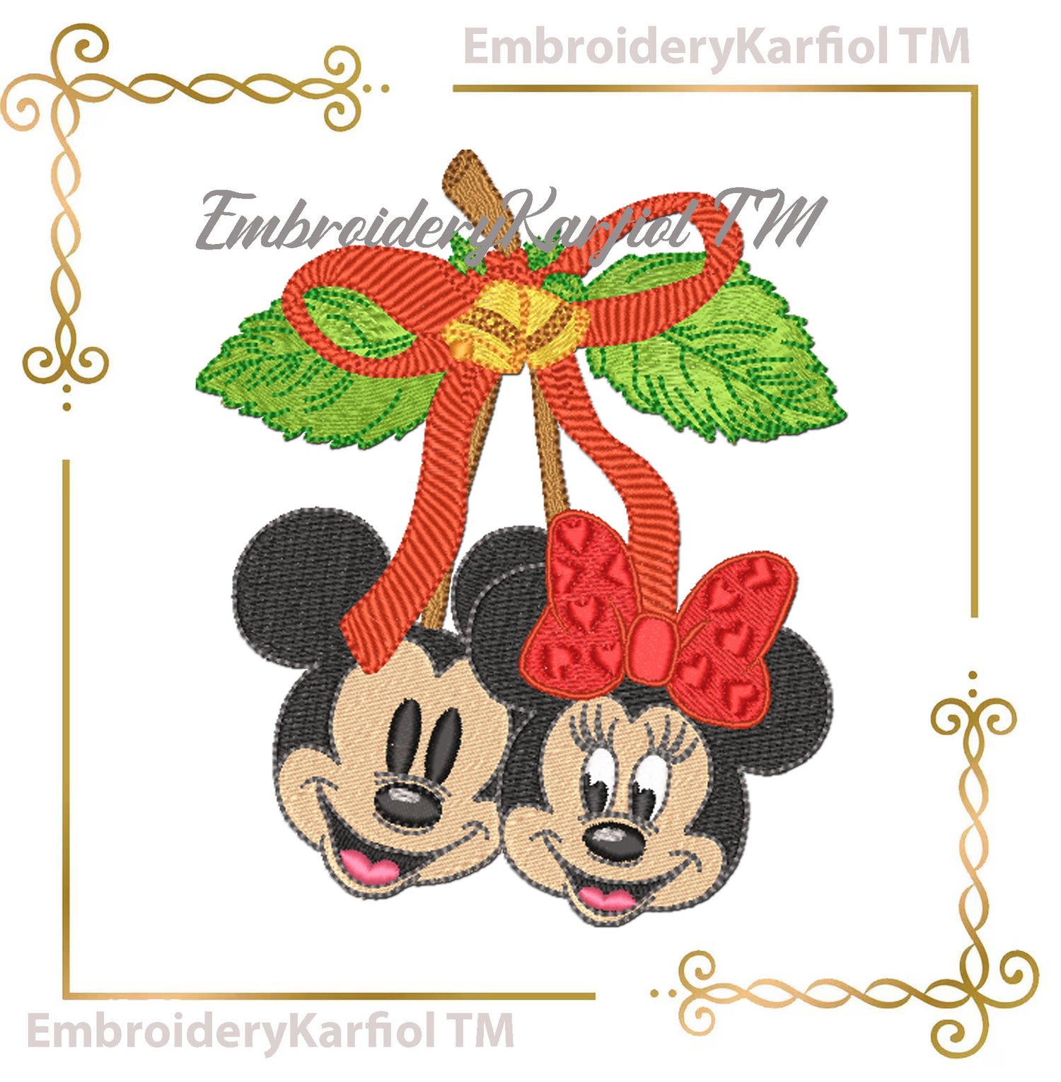Mickey and Minnie Mouses Christmas Winter Christmas Cherry Embroidery Design
