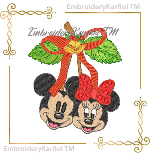 Mickey and Minnie Mouses Christmas Winter Christmas Cherry Embroidery Design
