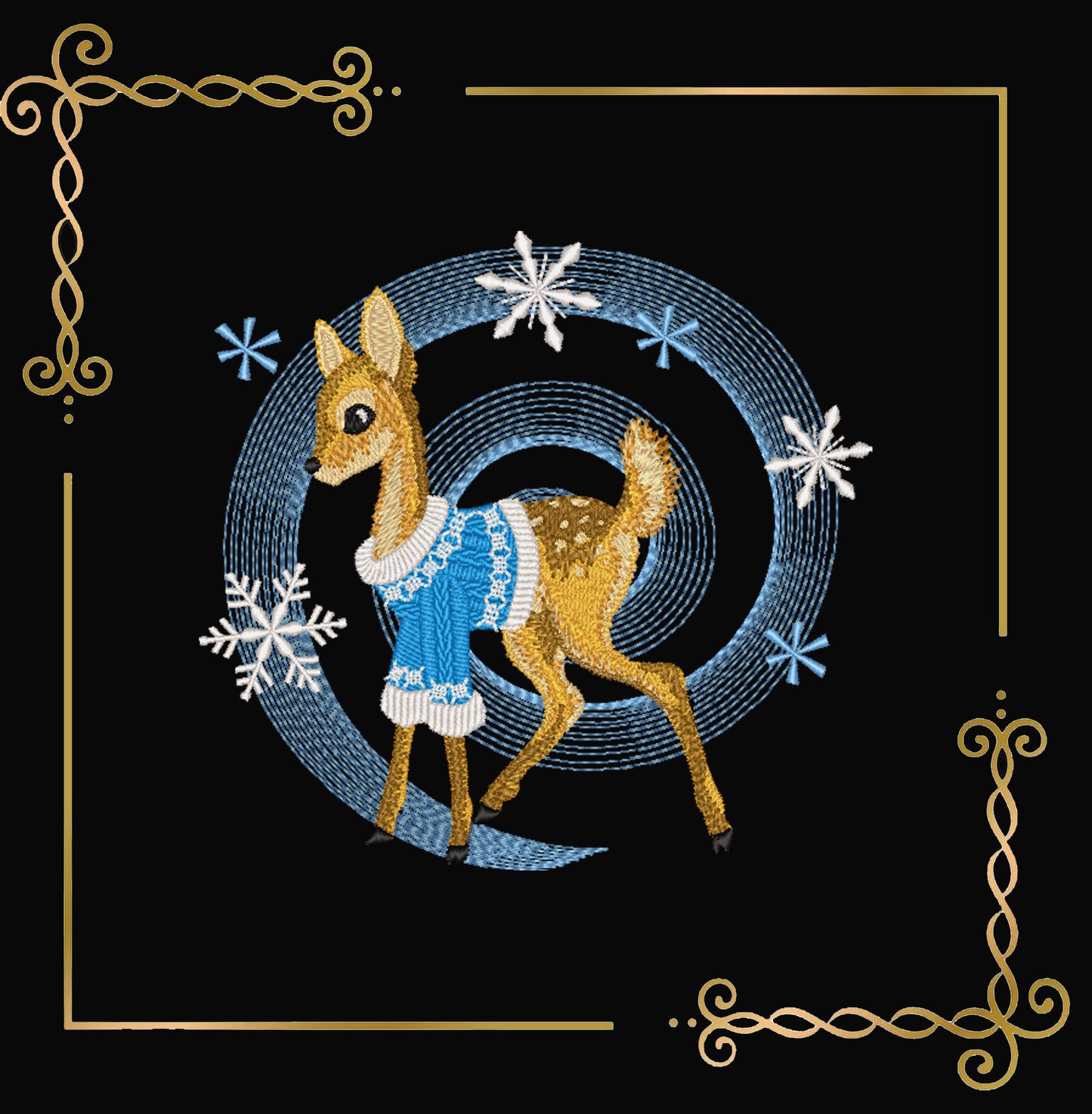 Winter Fawn Embroidery Design – Realistic Knit Texture Deer in Blue Sweater, Christmas Machine Embroidery Pattern (Digital Download)