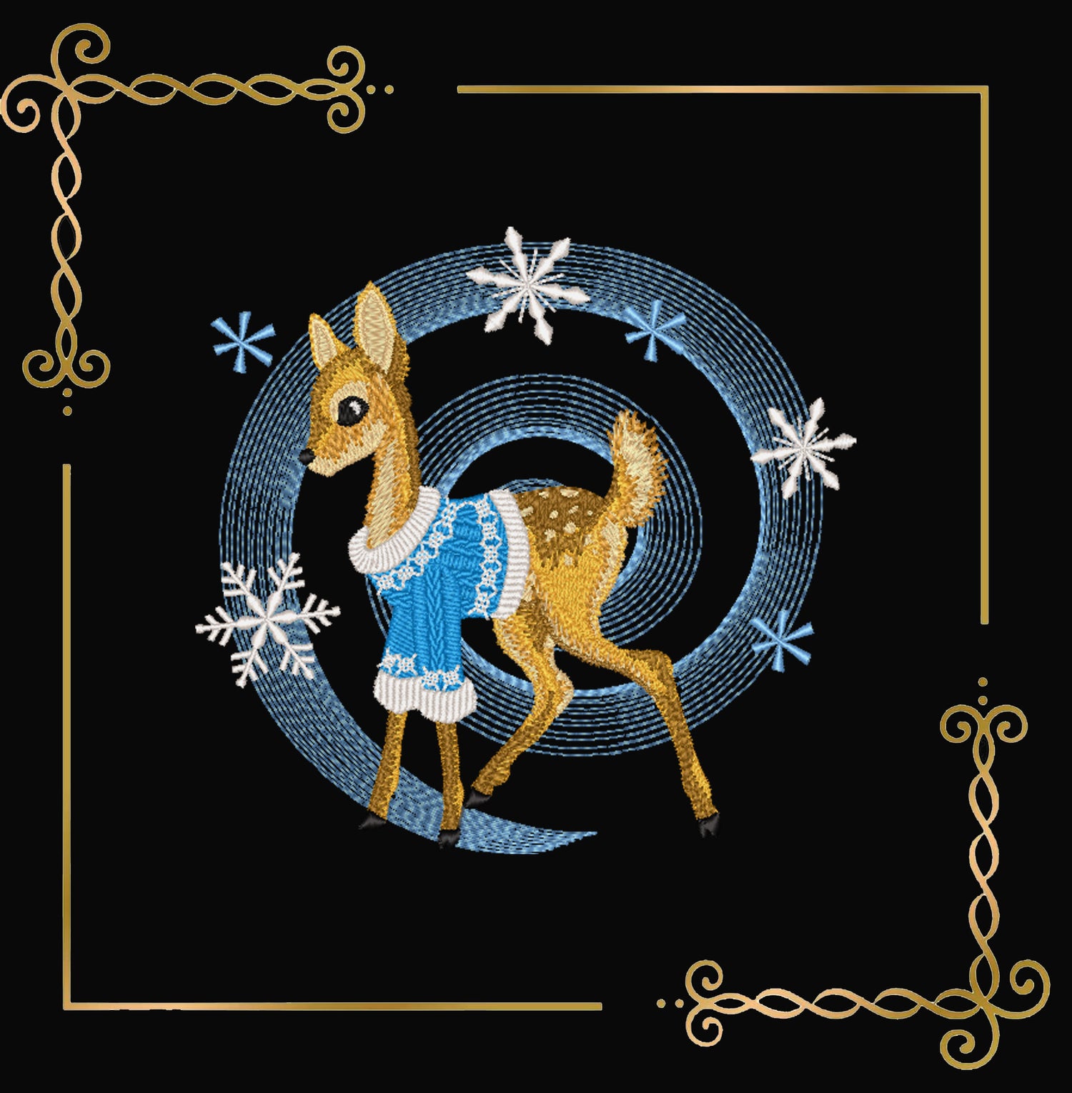 Winter Fawn Embroidery Design – Realistic Knit Texture Deer in Blue Sweater, Christmas Machine Embroidery Pattern (Digital Download)