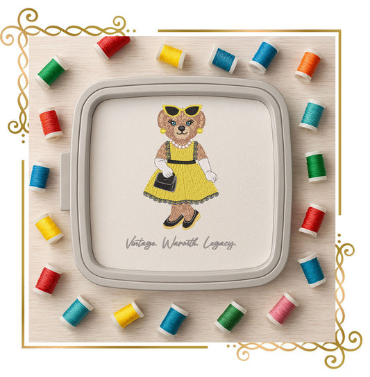 Teddy Bear - Embroidery Design – Girl in Gold Dress with Pearls – Vintage Elegant Machine – Cute Retro Bear Pattern style of Ralph Lauren