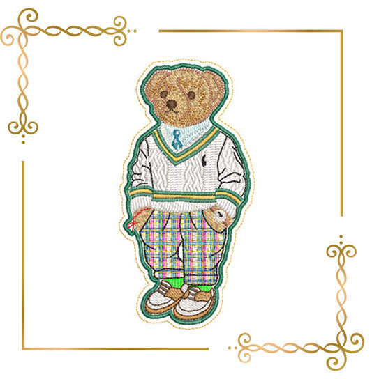 
Teddy Bear Super Fashion  in a knitted sweater and in plaid pants style of Ralph Lauren embroidery design digital
