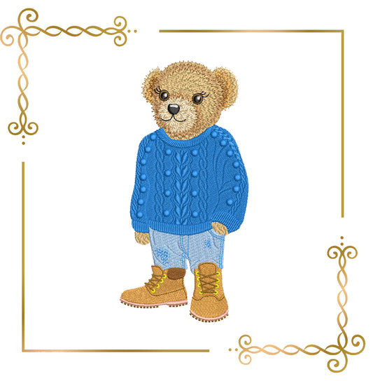 Teddy Bear Super in the style of Fashion Ralph Lauren in a knitted sweater and sneakers embroidery design digital