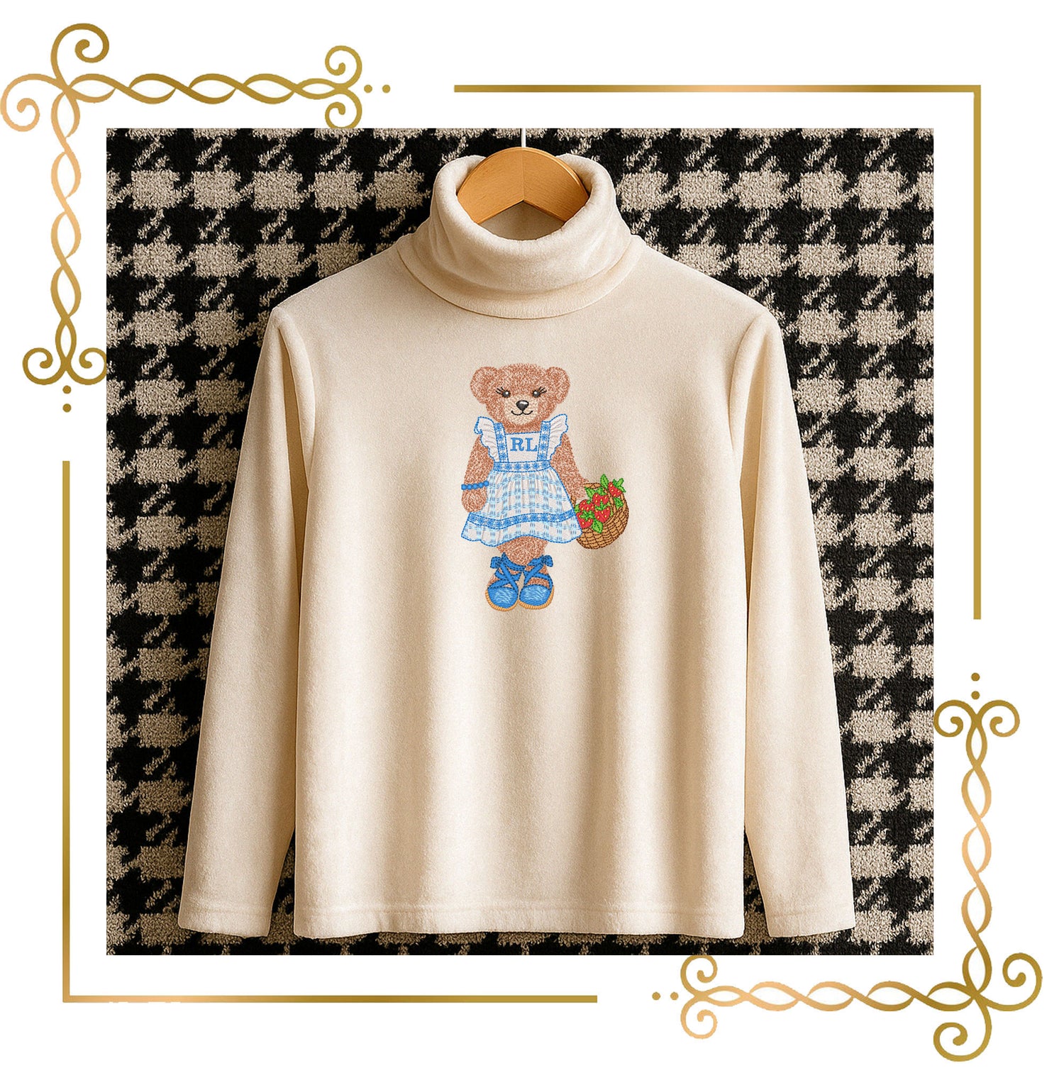 Teddy Bear Embroidery Design – Teddy Bear with a basket of strawberries Polo – Digital File for Machine Embroidery 3 Sizes