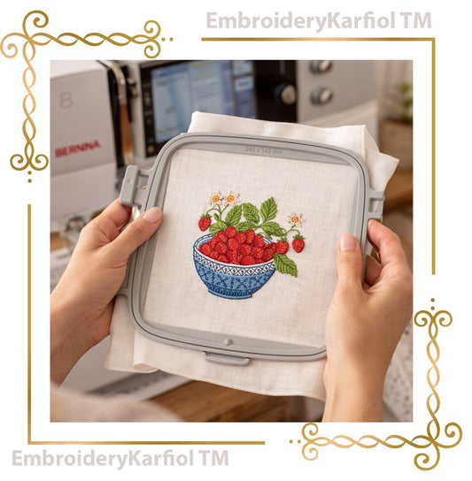 Embroidery Design Wild Strawberries Blue Bowl : Floral Summer Fruit Pattern (4x4 inches) 