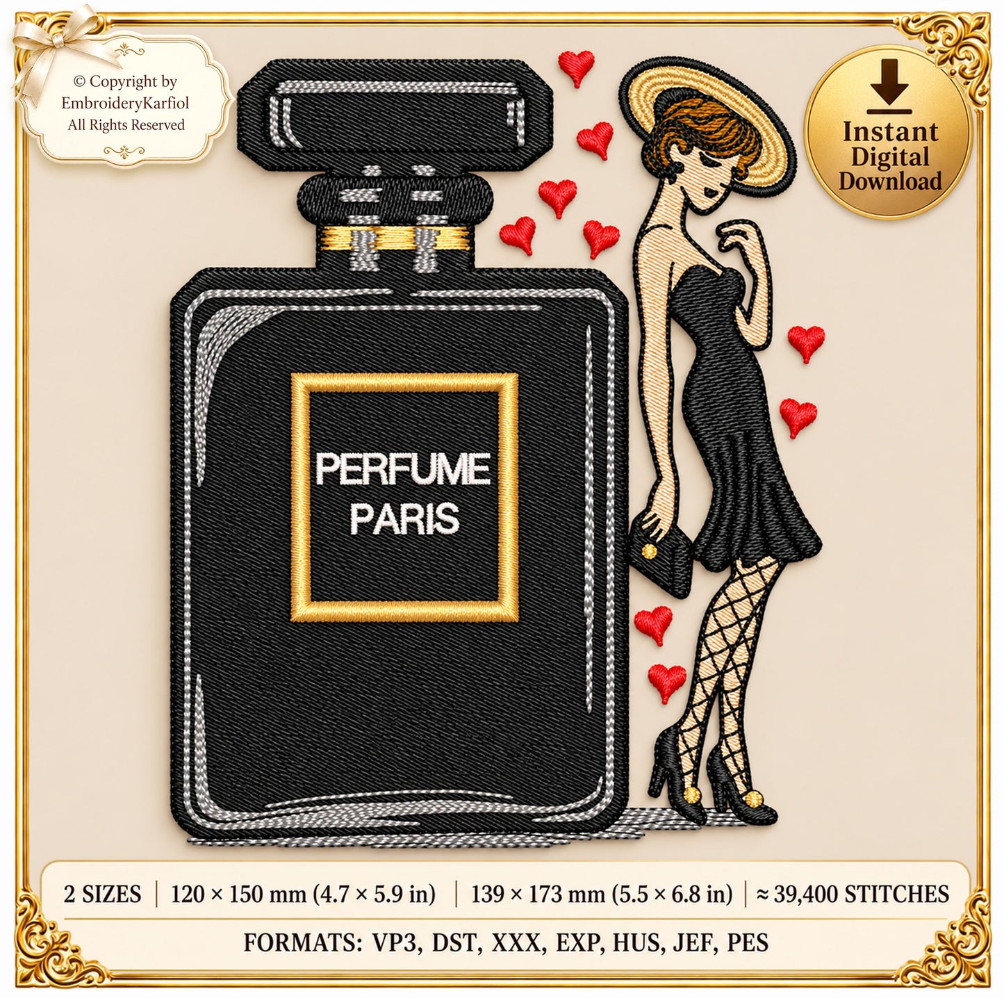 Parisian Perfume Bottle Chic Lady Embroidery Design, Fashion Silhouette (Instant Download)
Parisian perfume bottle with an elegant chic lady silhouette, a detailed fashion themed machine embroidery design with fine shading and refined line work for a modern glamour look.
