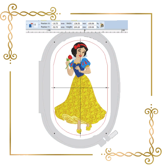 Princess Snow White with a flower, a beautiful dress Disney character machine embroidery design