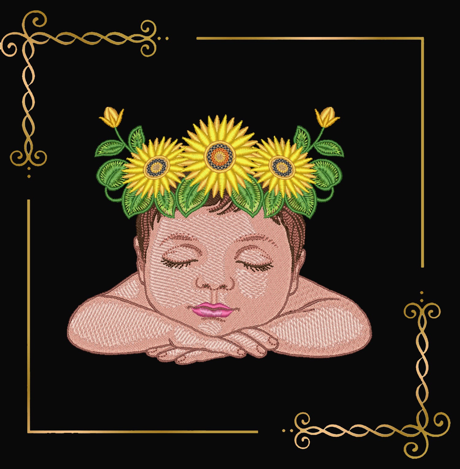 Mother's day, MOM, Baby with Sunflower Crown Embroidery Design – Sleeping Baby Machine Embroidery – Instant Download