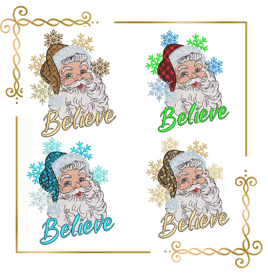 Winter super trendy Santa Claus Believe Christmas lettering Believe embroidery design 