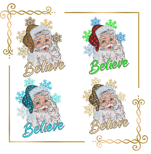 Winter super trendy Santa Claus Believe Christmas lettering Believe embroidery design